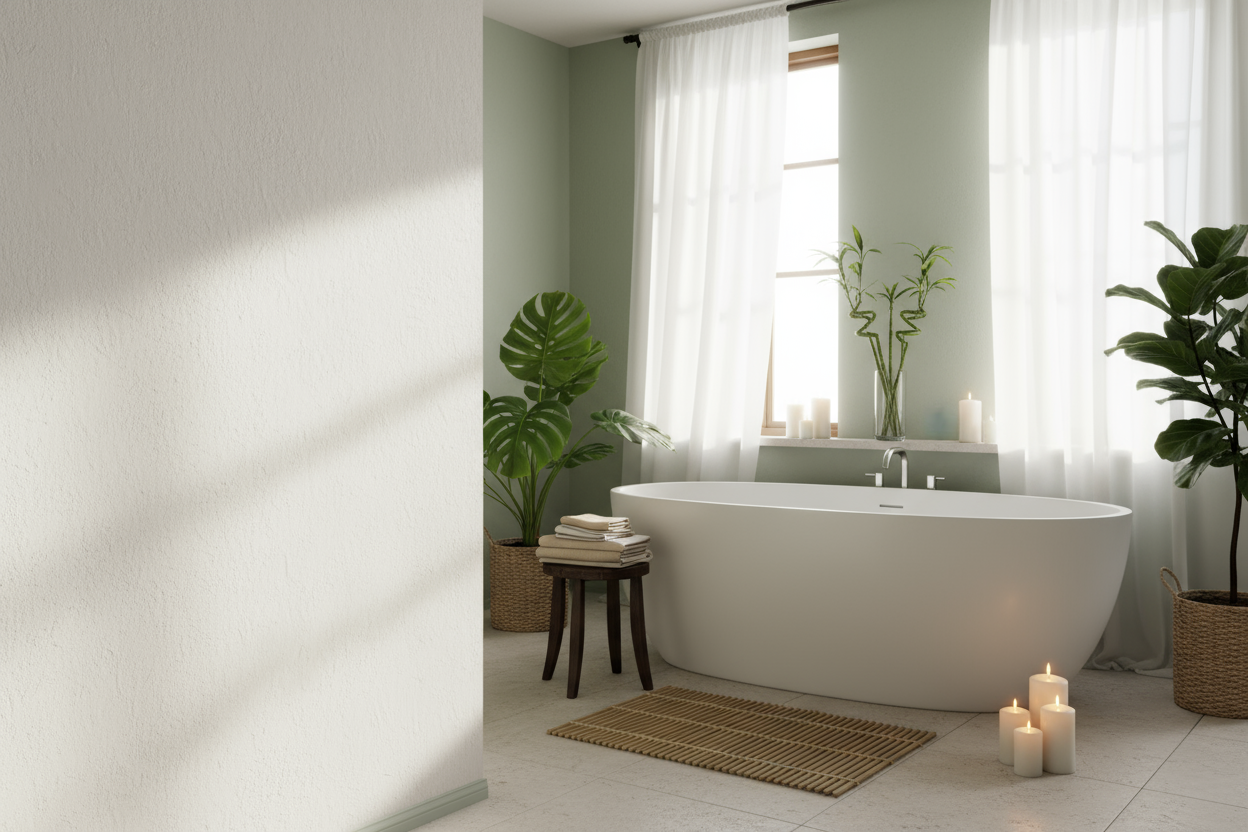 spa bathroom with open space on left for text