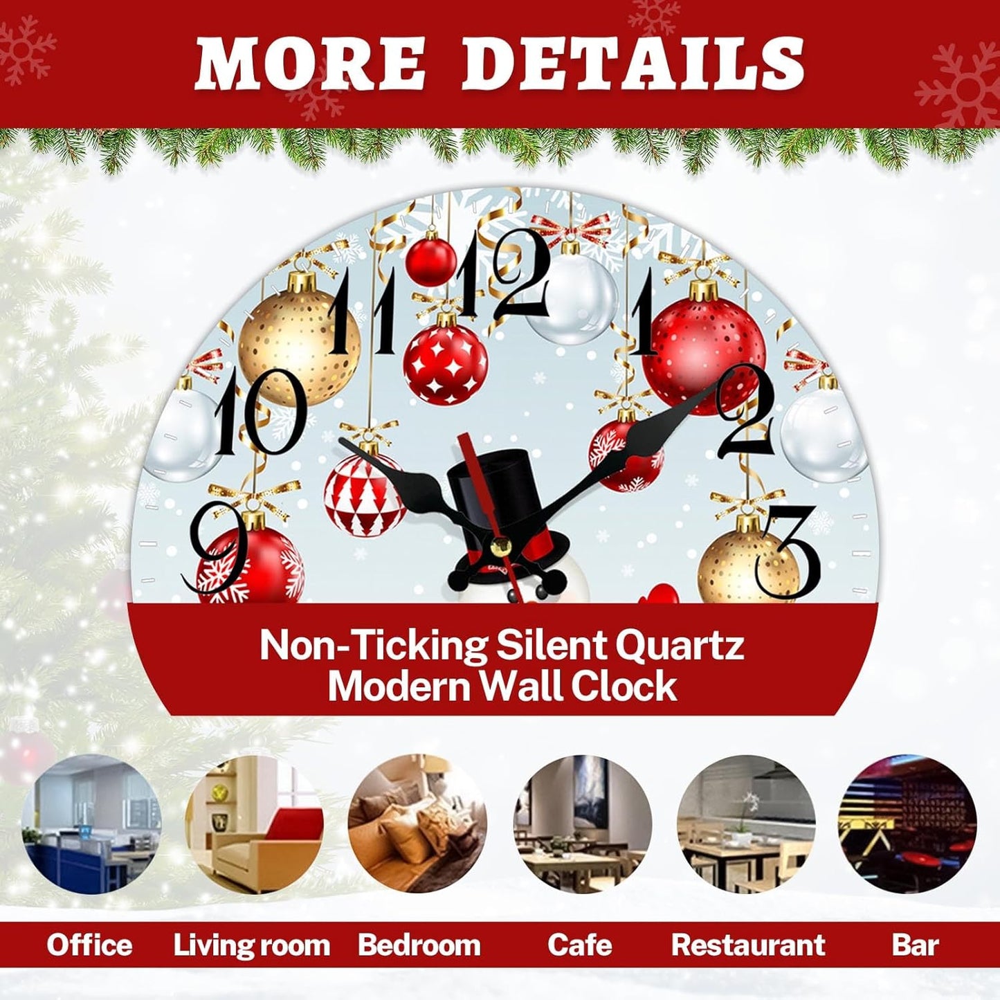 Christmas Wall Clock Silent Non-Ticking, Christmas Snowflakes Snowman Ball Blue round Wall Clocks Decor for Home Kitchen Living Room Office, Battery Operated(12 Inch)