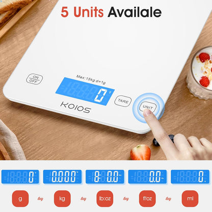 Kitchen Scale, 33Lb/15Kg Digital Food Scales Weight in Grams and Ounces for Cooking Baking, 1G/0.1Oz Precise Graduation, Batteries and Type-C Charging, Tare Function, LCD Display, White