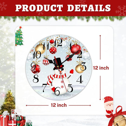 Christmas Wall Clock Silent Non-Ticking, Christmas Snowflakes Snowman Ball Blue round Wall Clocks Decor for Home Kitchen Living Room Office, Battery Operated(12 Inch)