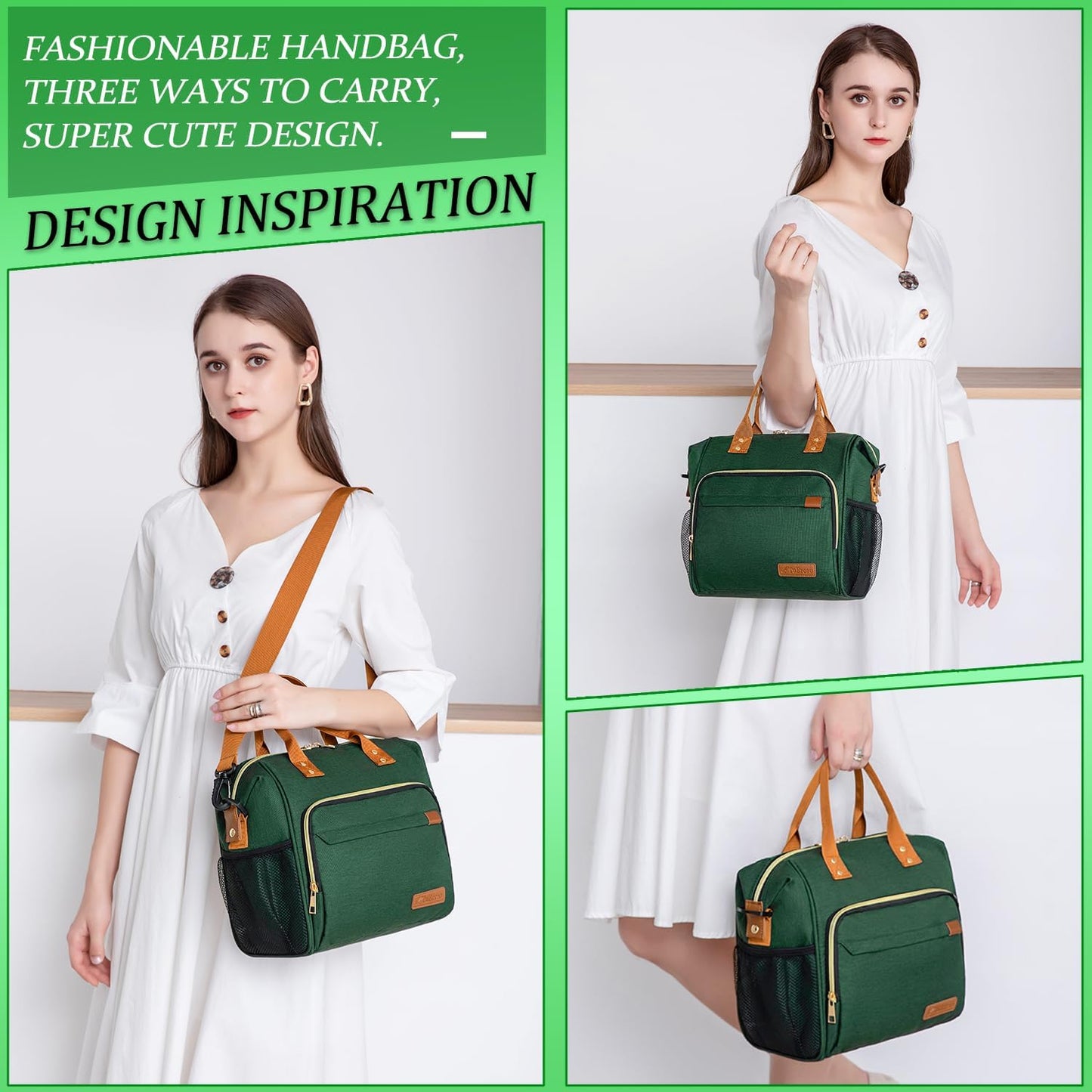 Insulated Lunch Bag Adult Lunch Box for Women for Work Leakproof Soft Cooler for Beach Travel Picnic, Dark Green