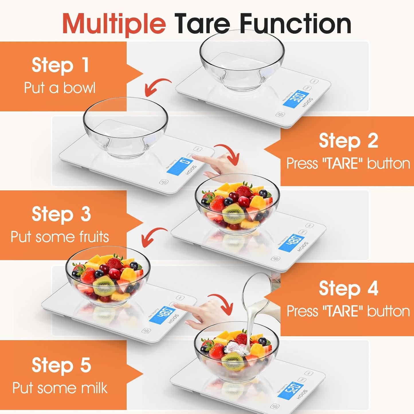 Kitchen Scale, 33Lb/15Kg Digital Food Scales Weight in Grams and Ounces for Cooking Baking, 1G/0.1Oz Precise Graduation, Batteries and Type-C Charging, Tare Function, LCD Display, White