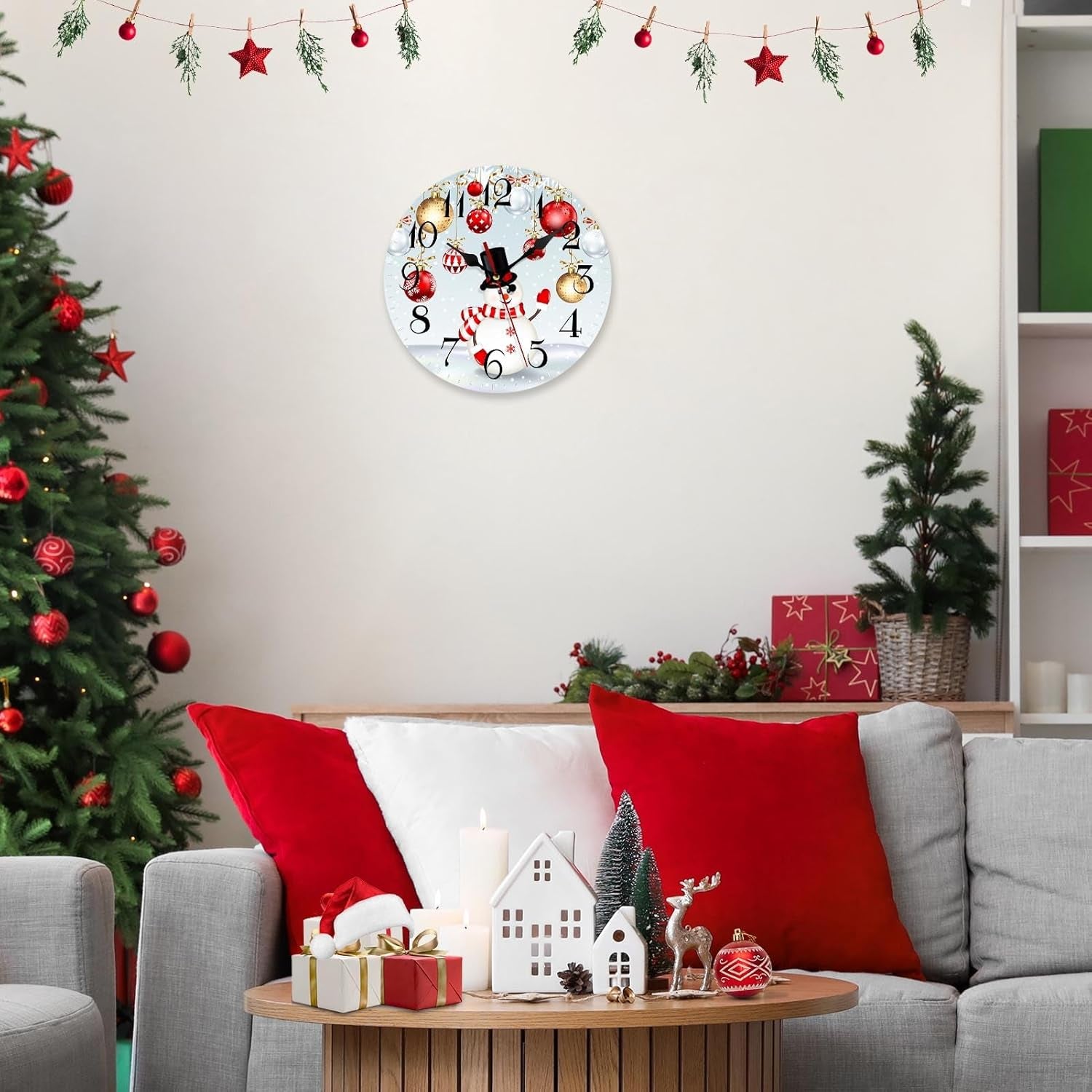 Christmas Wall Clock Silent Non-Ticking, Christmas Snowflakes Snowman Ball Blue round Wall Clocks Decor for Home Kitchen Living Room Office, Battery Operated(12 Inch)