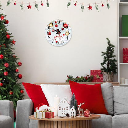 Christmas Wall Clock Silent Non-Ticking, Christmas Snowflakes Snowman Ball Blue round Wall Clocks Decor for Home Kitchen Living Room Office, Battery Operated(12 Inch)