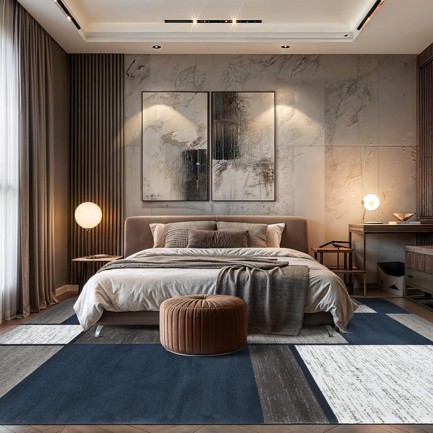 Modern Geometric Boxes Navy Area Rug, Fade-Resistant Carpet for Large Living Room, Bedroom, or Open Space, 10' X 14'