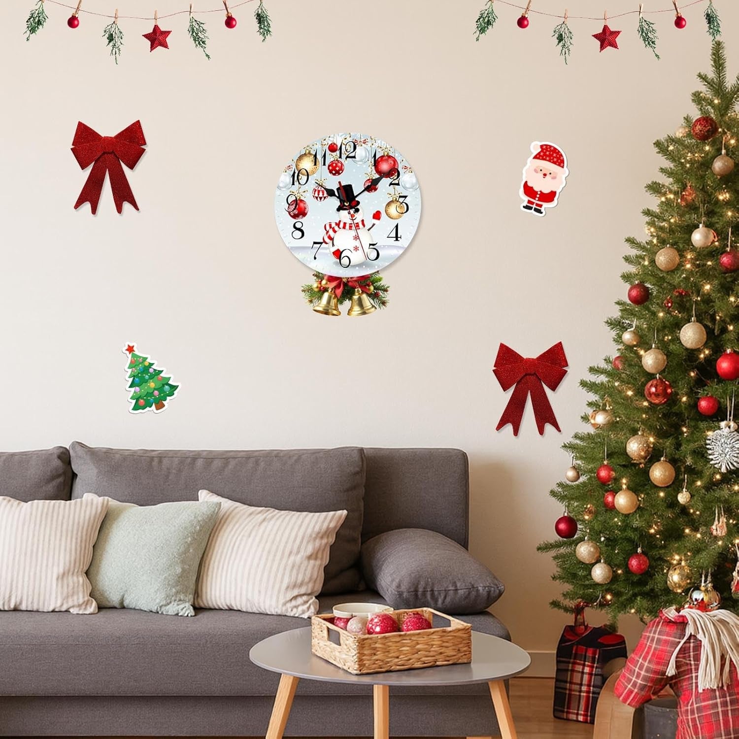 Christmas Wall Clock Silent Non-Ticking, Christmas Snowflakes Snowman Ball Blue round Wall Clocks Decor for Home Kitchen Living Room Office, Battery Operated(12 Inch)