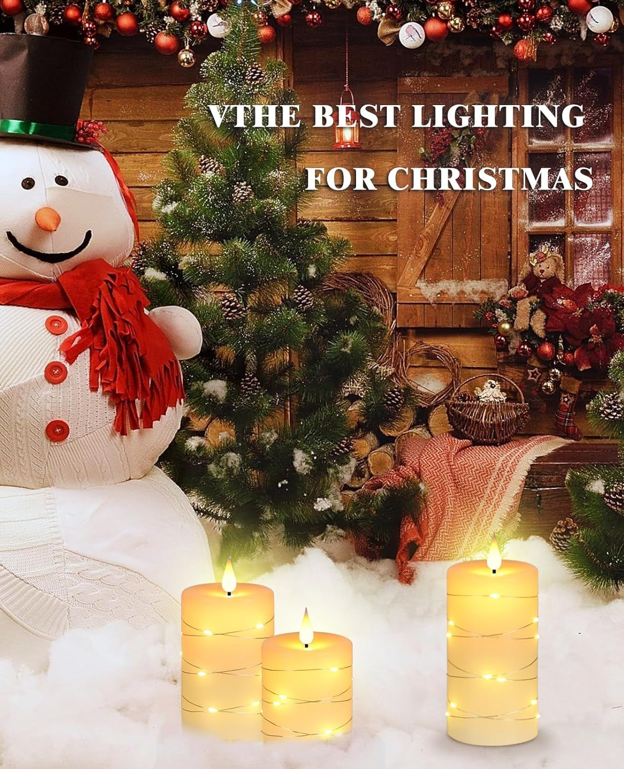 Flameless Candles with String Lights，Battery Operated Candles,Led Flickering Candles with Remote Control and Timer, Real Wax, 3 Pack-Ivory