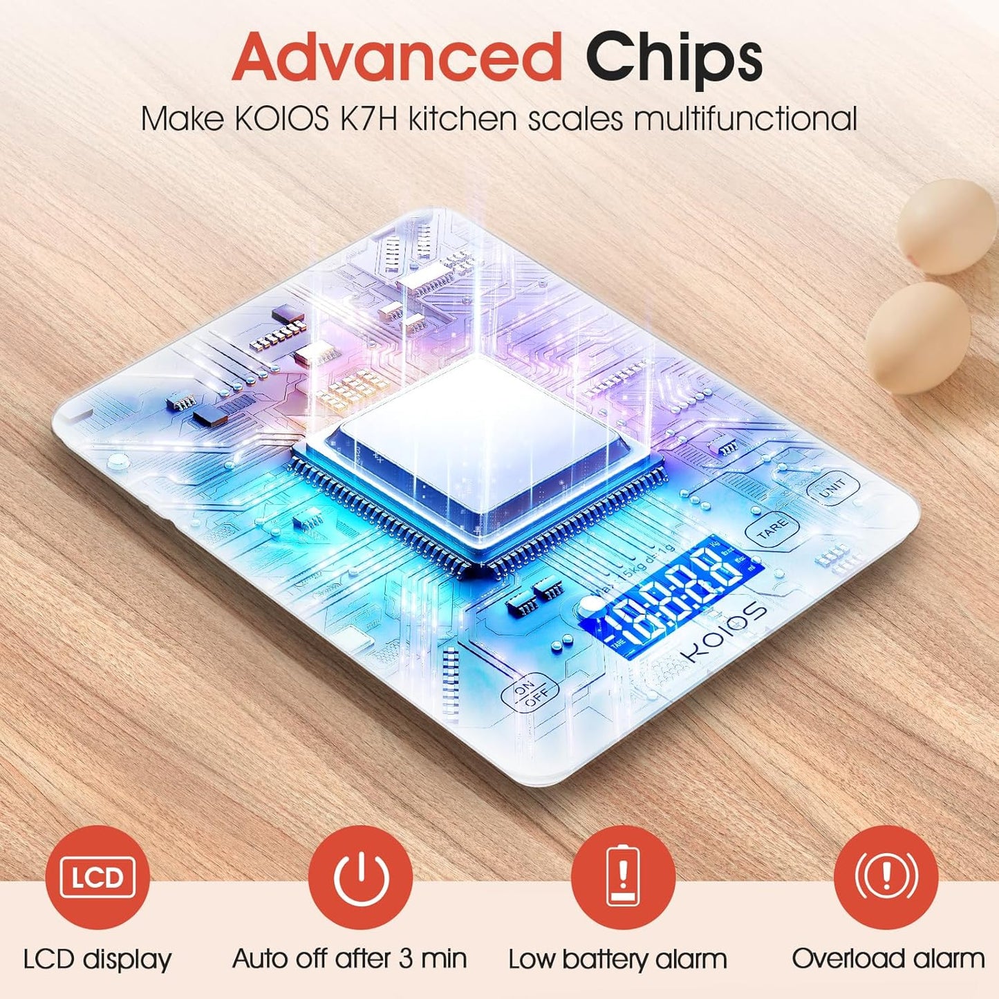 Kitchen Scale, 33Lb/15Kg Digital Food Scales Weight in Grams and Ounces for Cooking Baking, 1G/0.1Oz Precise Graduation, Batteries and Type-C Charging, Tare Function, LCD Display, White