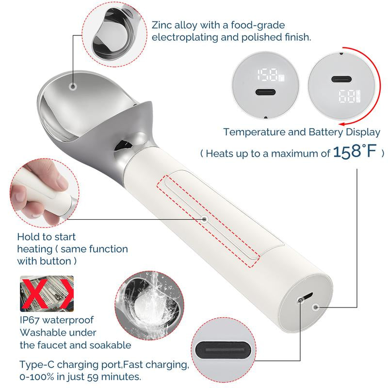 Heated Ice Cream Scoop Rechargeable Battery Electric Ice Cream Scooper for Scooping Hard Ice Cream, Metal Spoon 2 Oz IP 67 Waterproof LED Display Easy Clean Durable Kitchen Gadgets