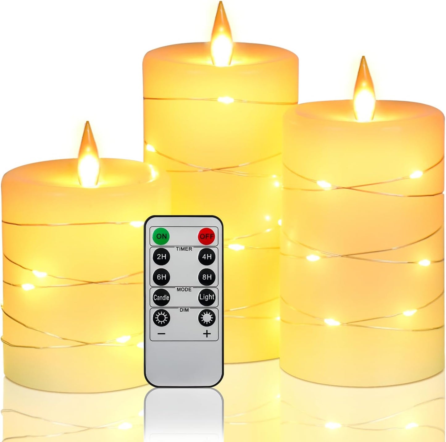 Flameless Candles with String Lights，Battery Operated Candles,Led Flickering Candles with Remote Control and Timer, Real Wax, 3 Pack-Ivory