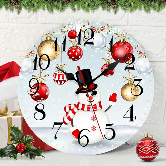 Christmas Wall Clock Silent Non-Ticking, Christmas Snowflakes Snowman Ball Blue round Wall Clocks Decor for Home Kitchen Living Room Office, Battery Operated(12 Inch)