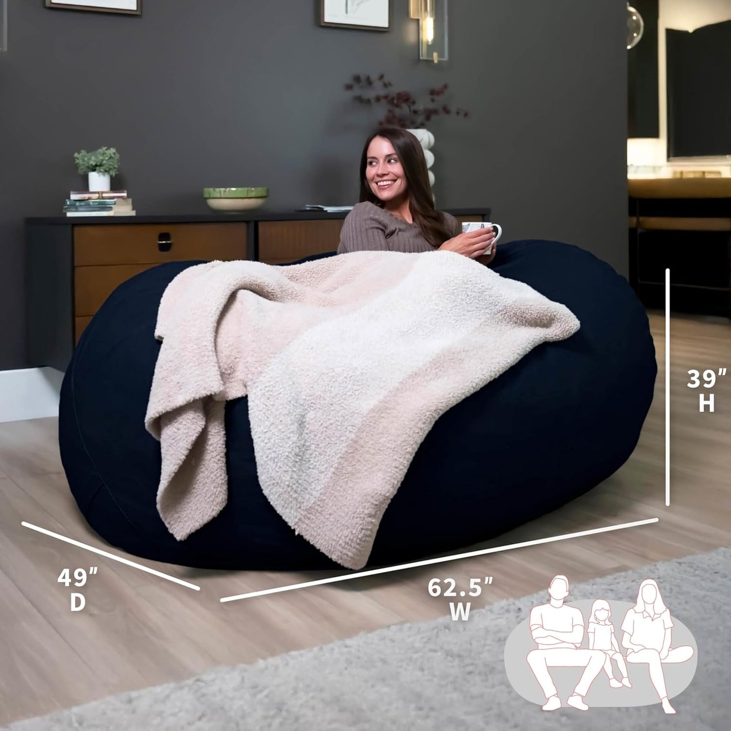 Fuf XL Foam Filled Bean Bag Chair with Removable Cover, Cobalt Lenox, Durable Woven Polyester, 5 Feet Giant