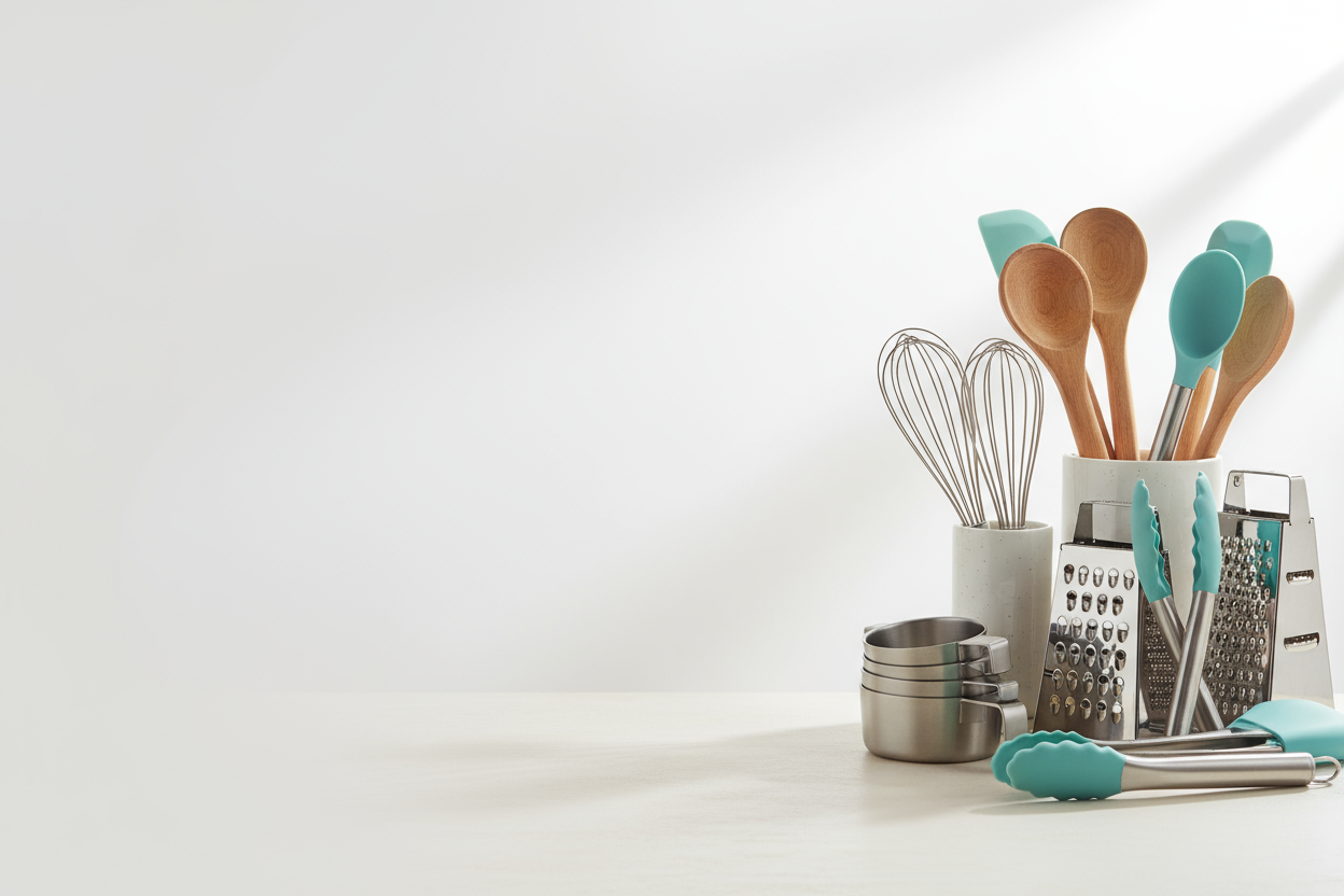 kitchen gadgets on right side of picture - light colored backround  so letters show up on left 